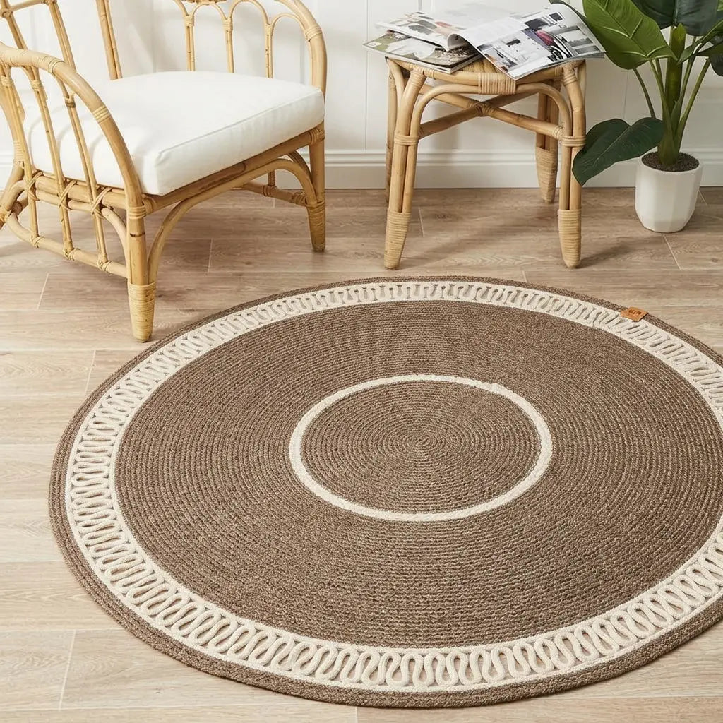 Handcrafted braided cotton rug in a neutral living space