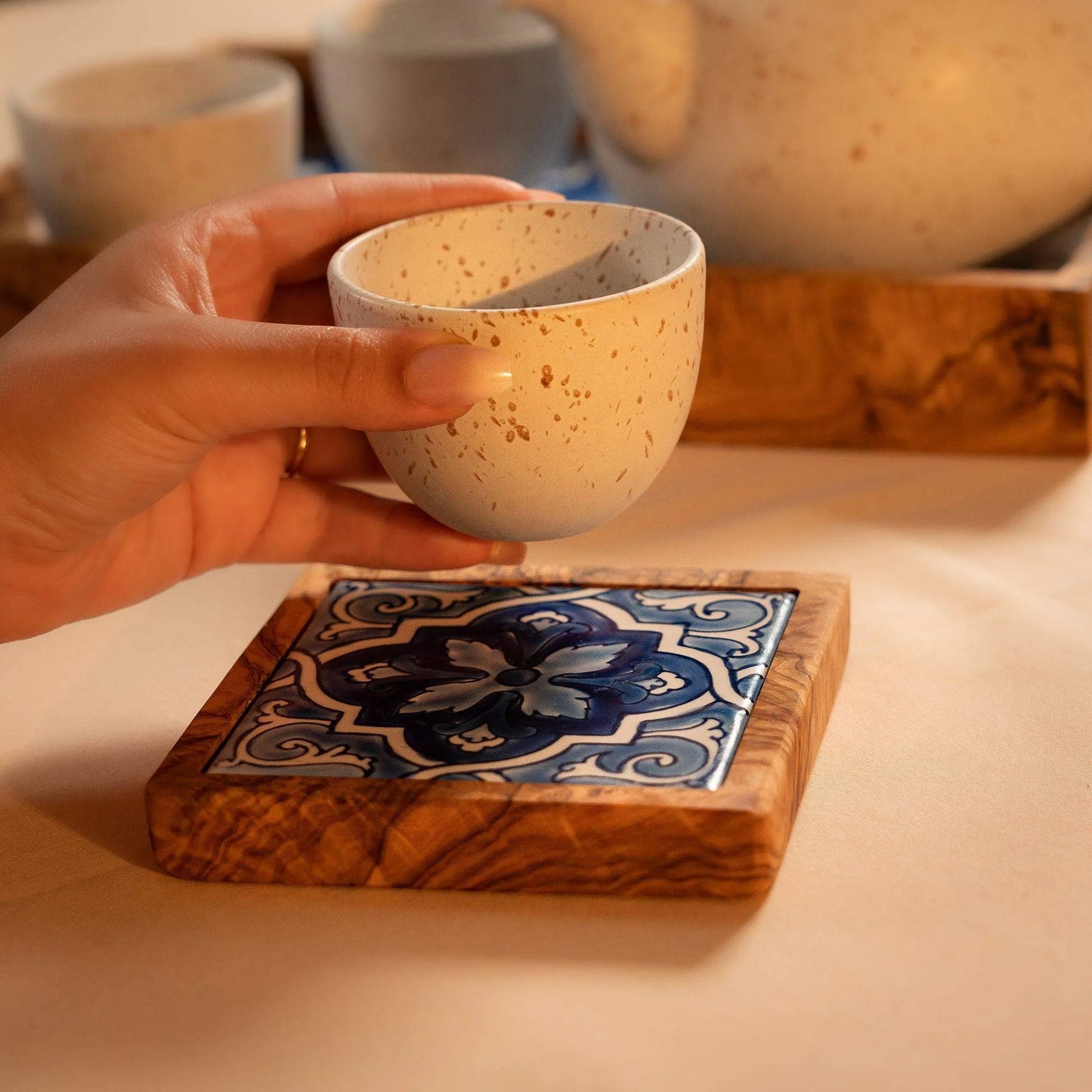 9-Piece Olive Wood and Stoneware Serving Set – Elegant Coasters, Cups, and Tray