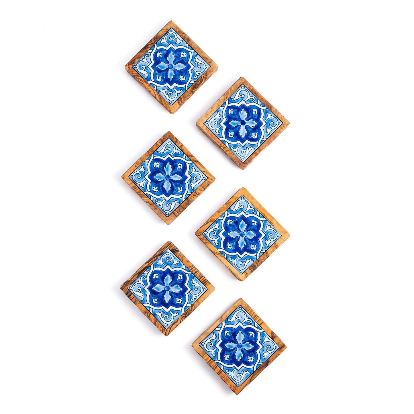 Set of Olive Wood & Ceramic Coasters – Handcrafted Mediterranean Design