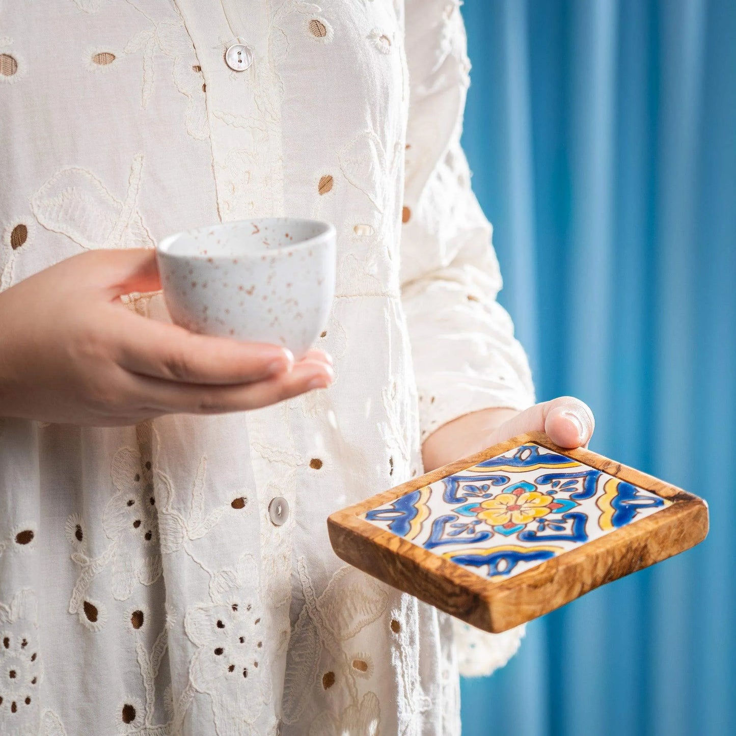 Set of Olive Wood & Ceramic Coasters – Handcrafted Mediterranean Design