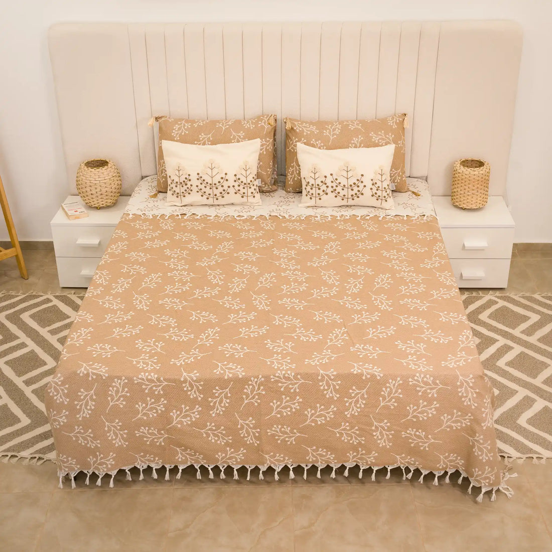 Sakura Cotton Bedding Set with 4 Pillowcases – Camel, Beige & Greige