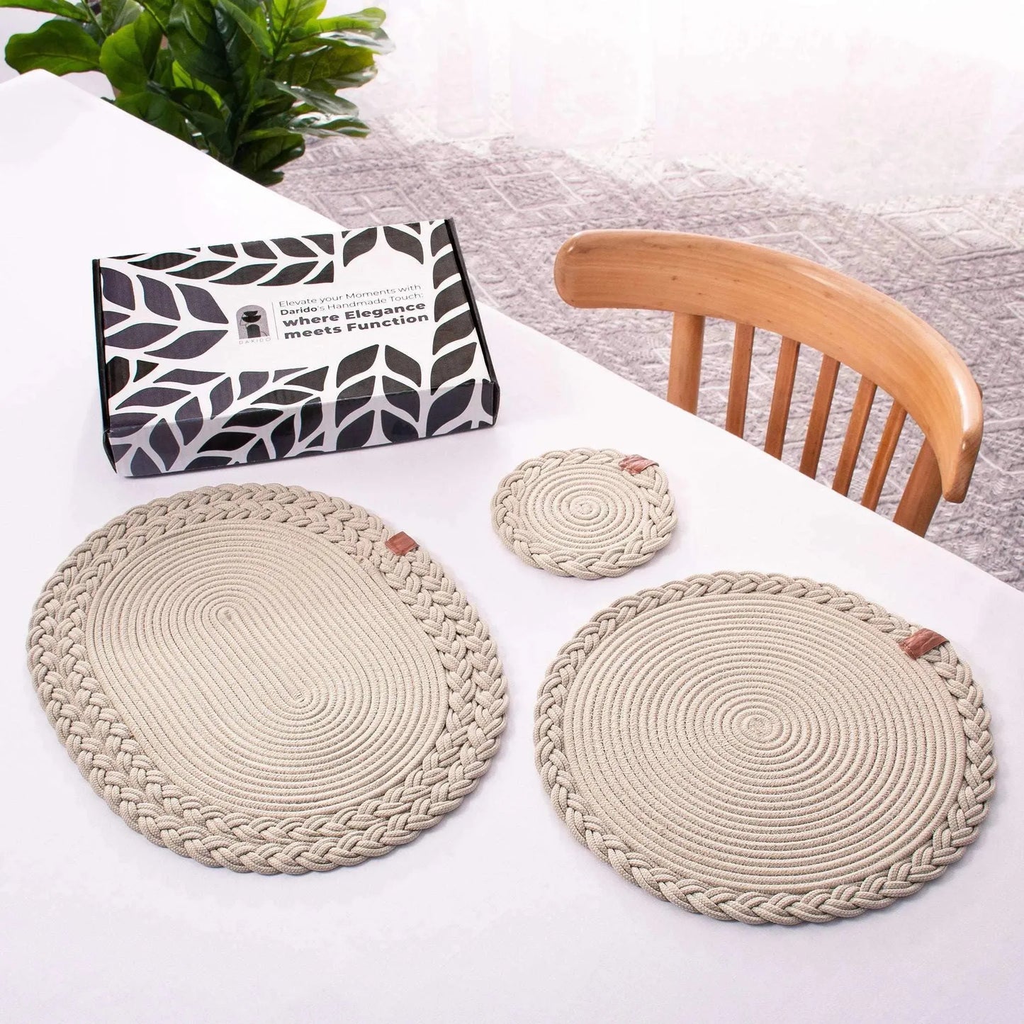 DARIDO Set of 2 Beige Coasters- 15cm- Round, Durable & Elegant Table Decor