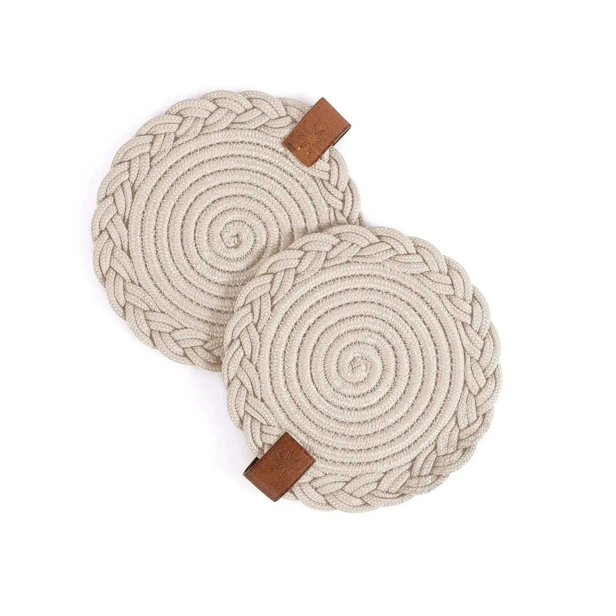 Set of 2 beige cotton Darido coasters with braided edge and leather tag, 5.9 in (15 cm) diameter.