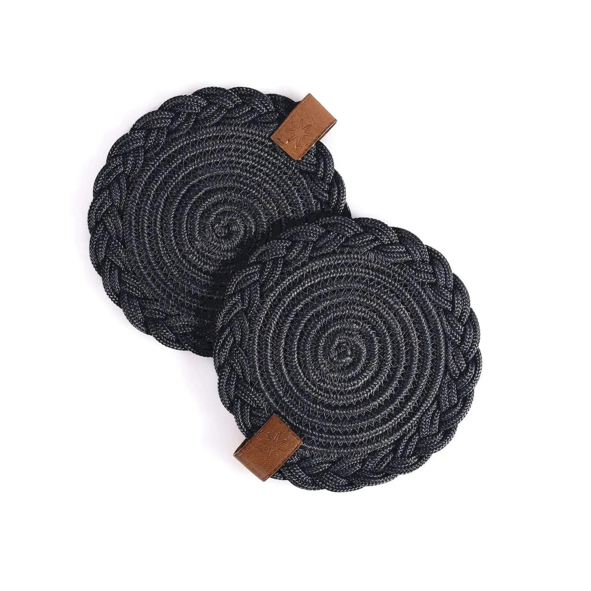Set of 2 black Darido cotton coasters with braided edges and leather tags, 5.9 in (15 cm) diameter.