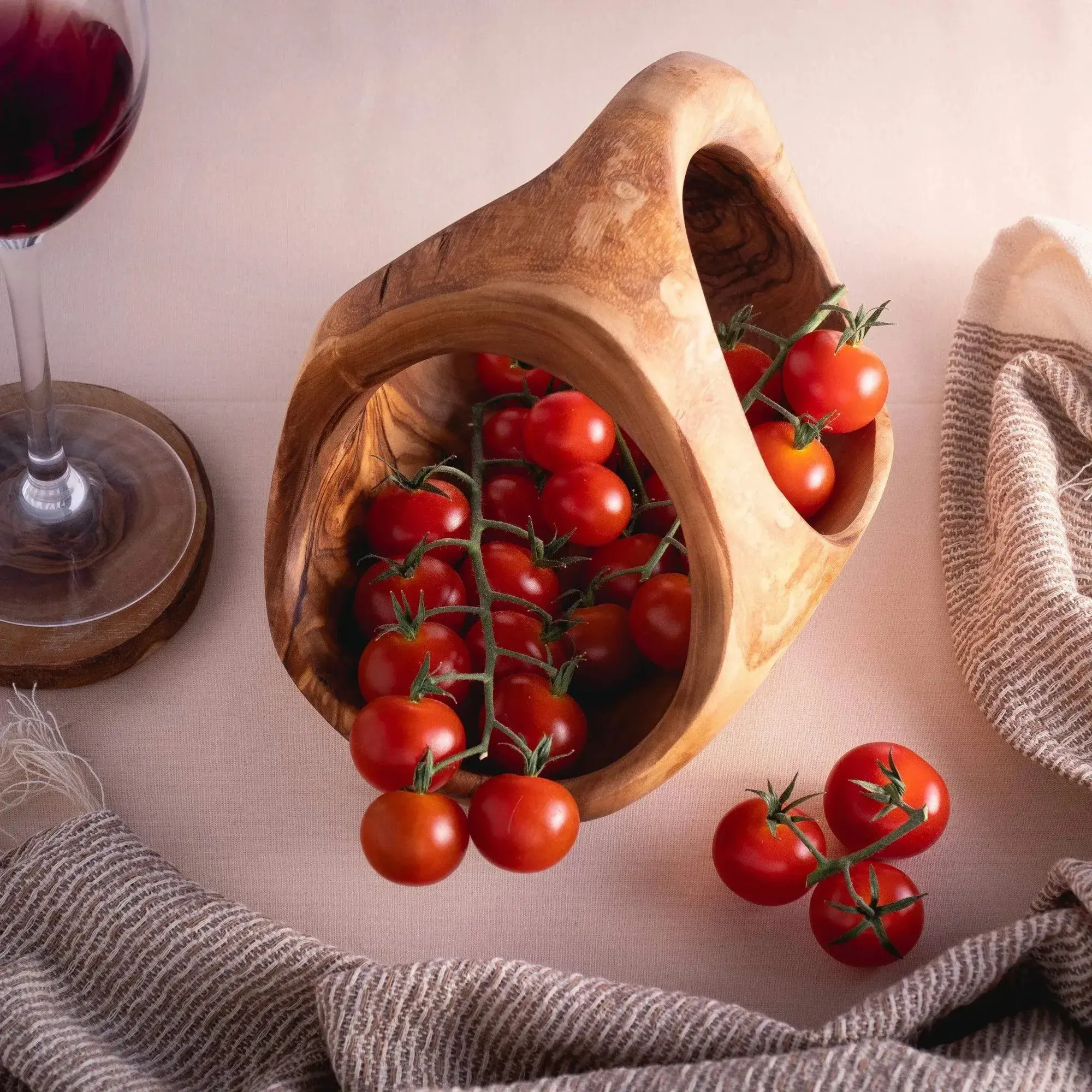 Handmade Olive Wood Basket with Double Handle, product view 4 of 8
