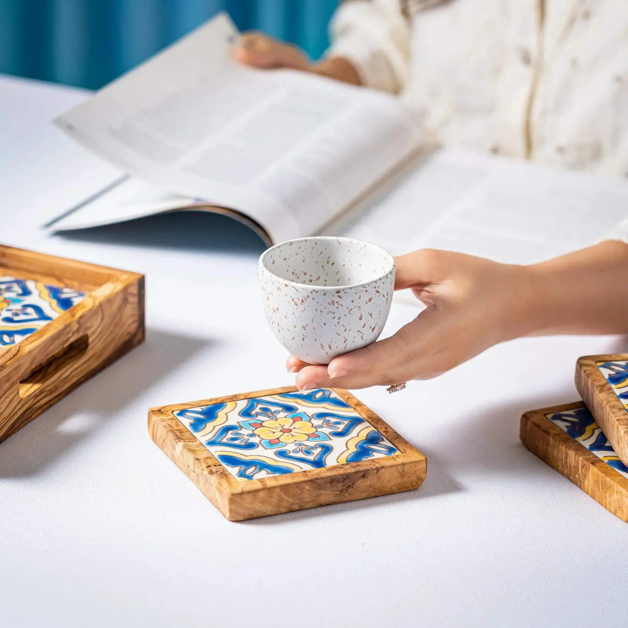Olive Wood & Ceramic Coasters Set, product view 3 of 33