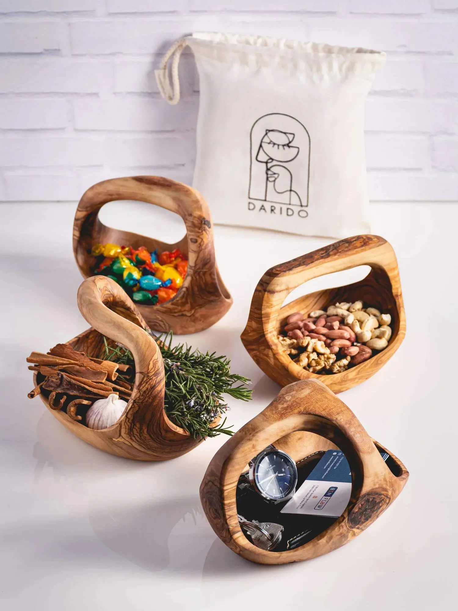 Rustic Handmade Olive Wood Basket With Handle, product view 4 of 6