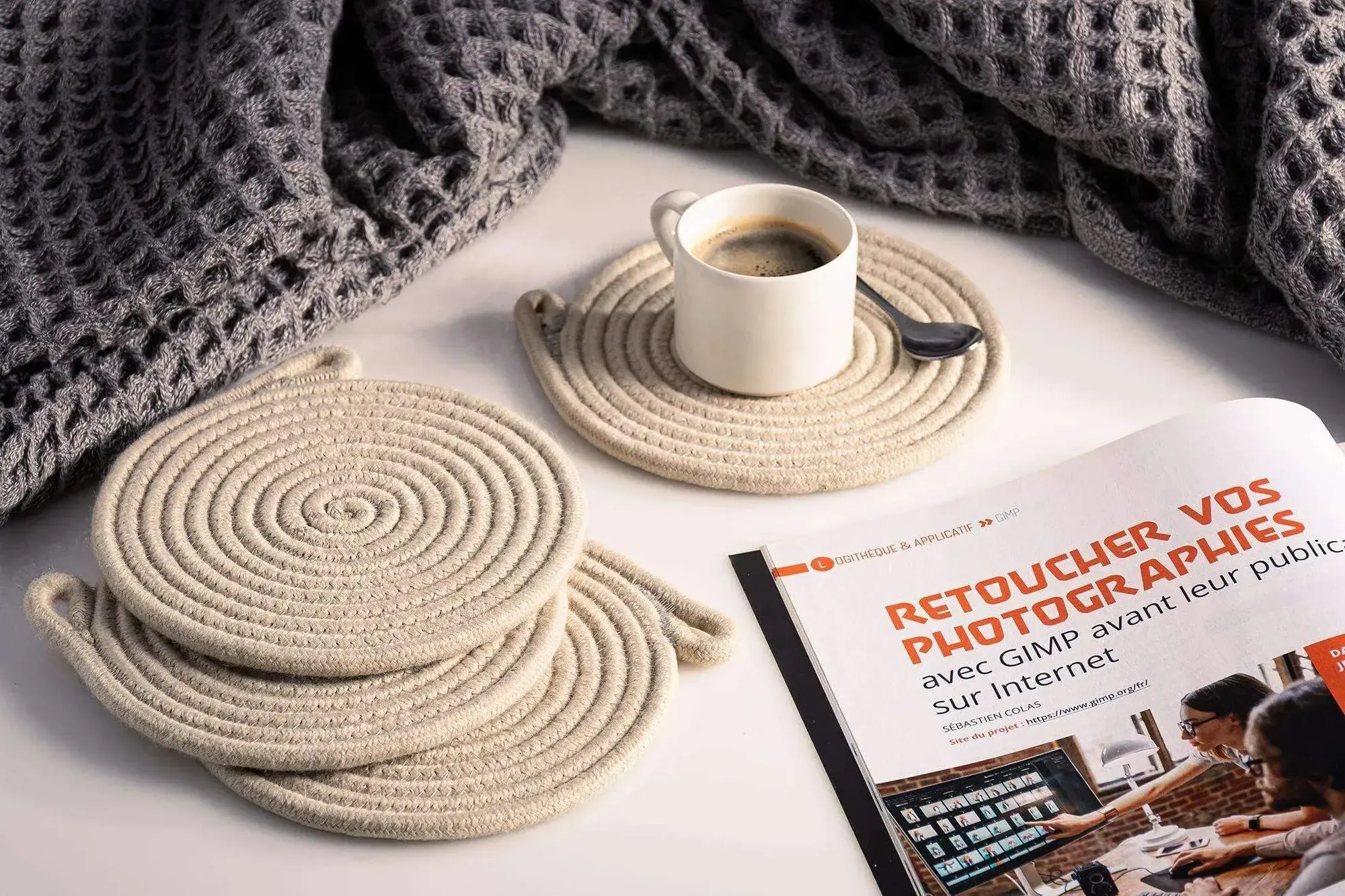 Round Beige Coasters 5.9 in – Set of 2, product view 4 of 7