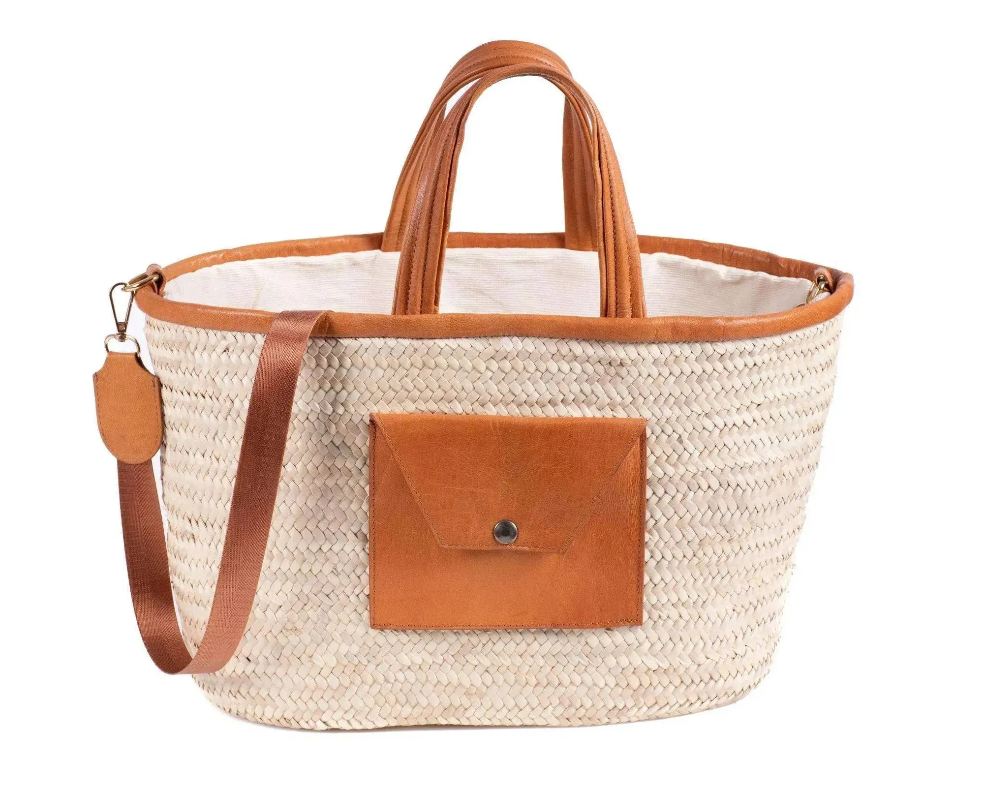 Darido woven shopping bag with tan leather pocket and handles, detachable shoulder strap.