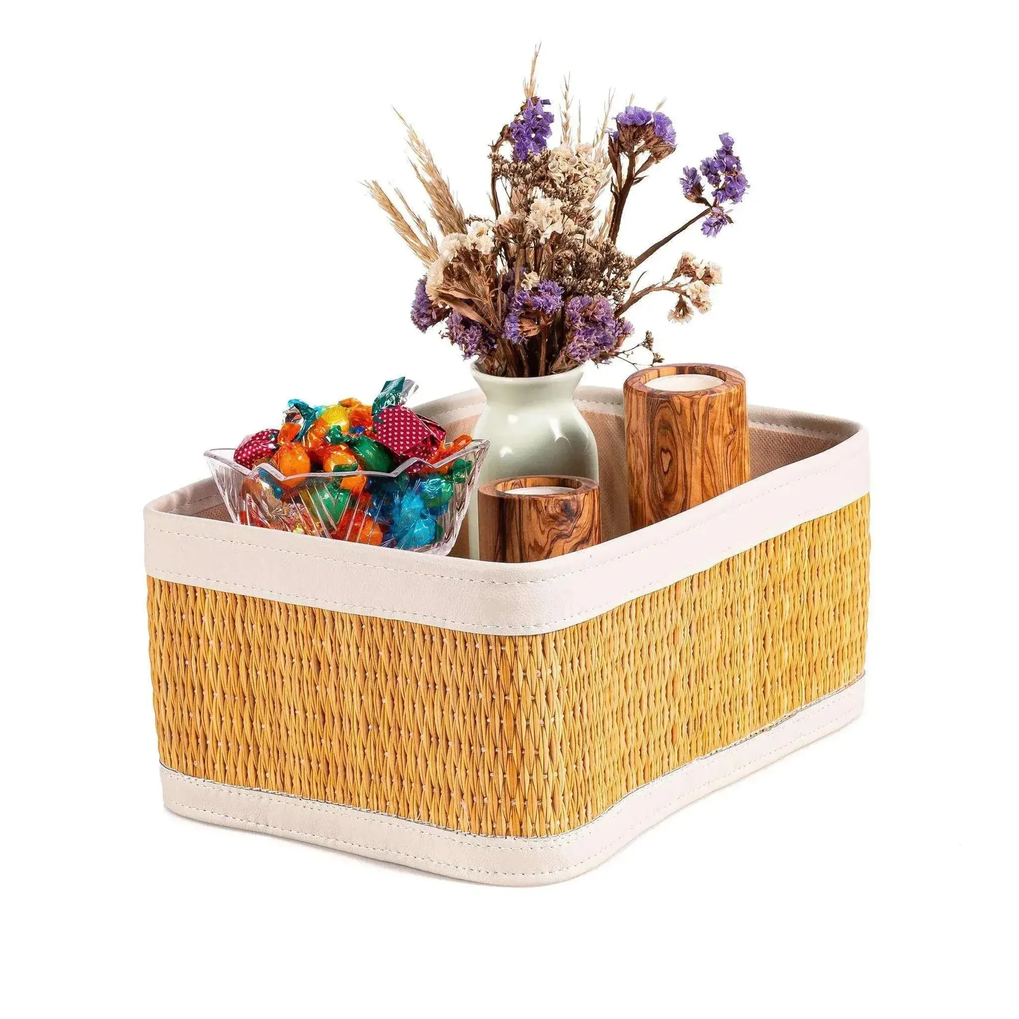 Darido large organizer box 11.8 × 8.7 in (30 × 22 cm) woven basket with beige trim holding dried flowers and colorful ribbons.