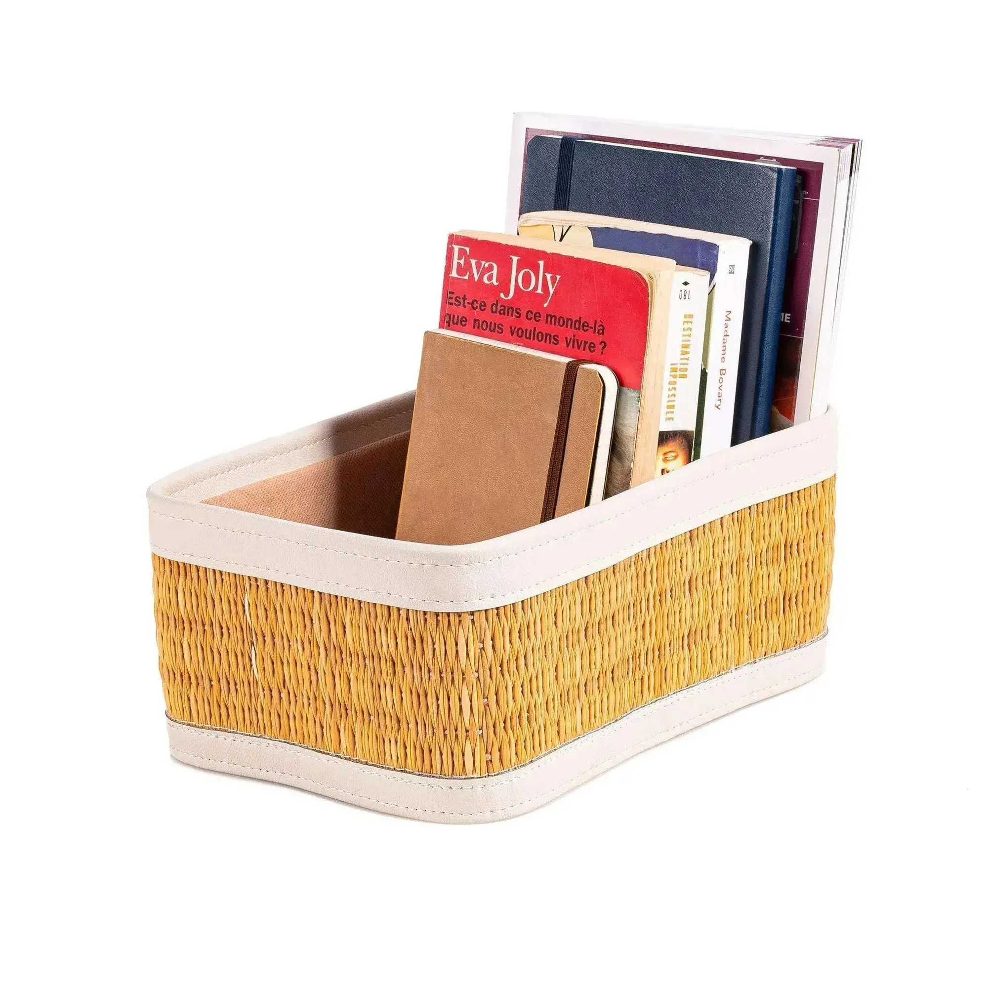 Darido medium-sized rectangular storage box with woven rattan sides and white fabric trim holding books and notebooks.