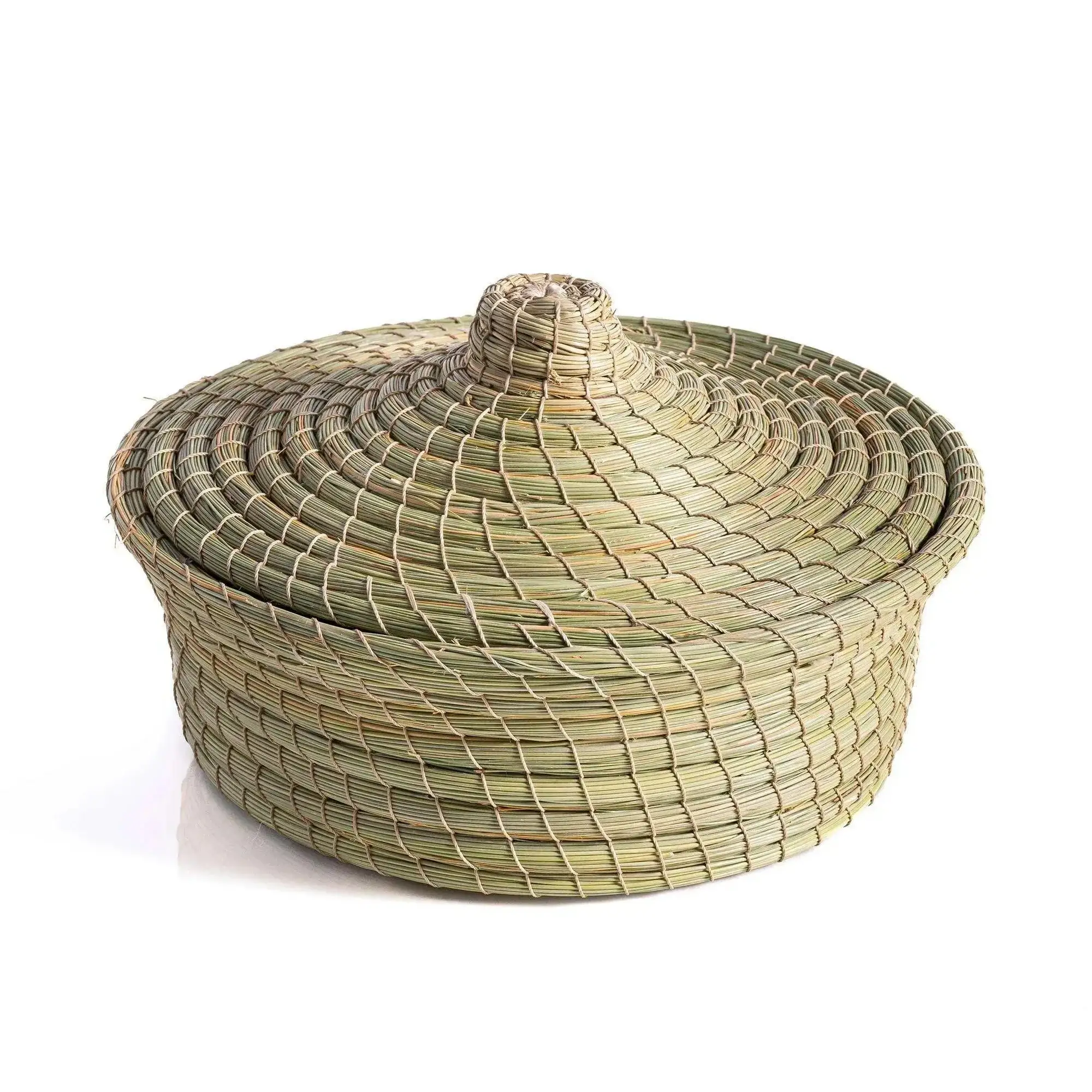 Darido traditional halfa basket with lid, woven natural fibers, round decorative storage container.
