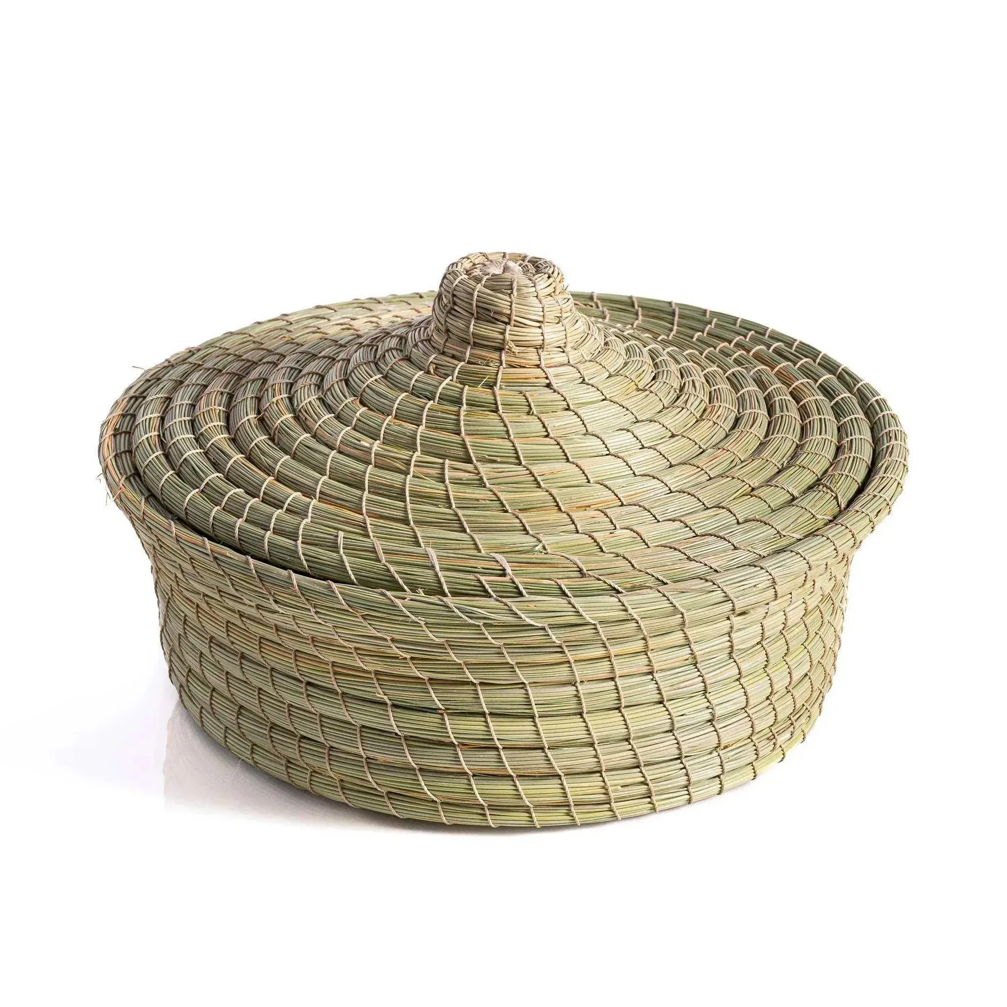Darido traditional halfa basket with lid, woven natural fibers, round decorative storage container.