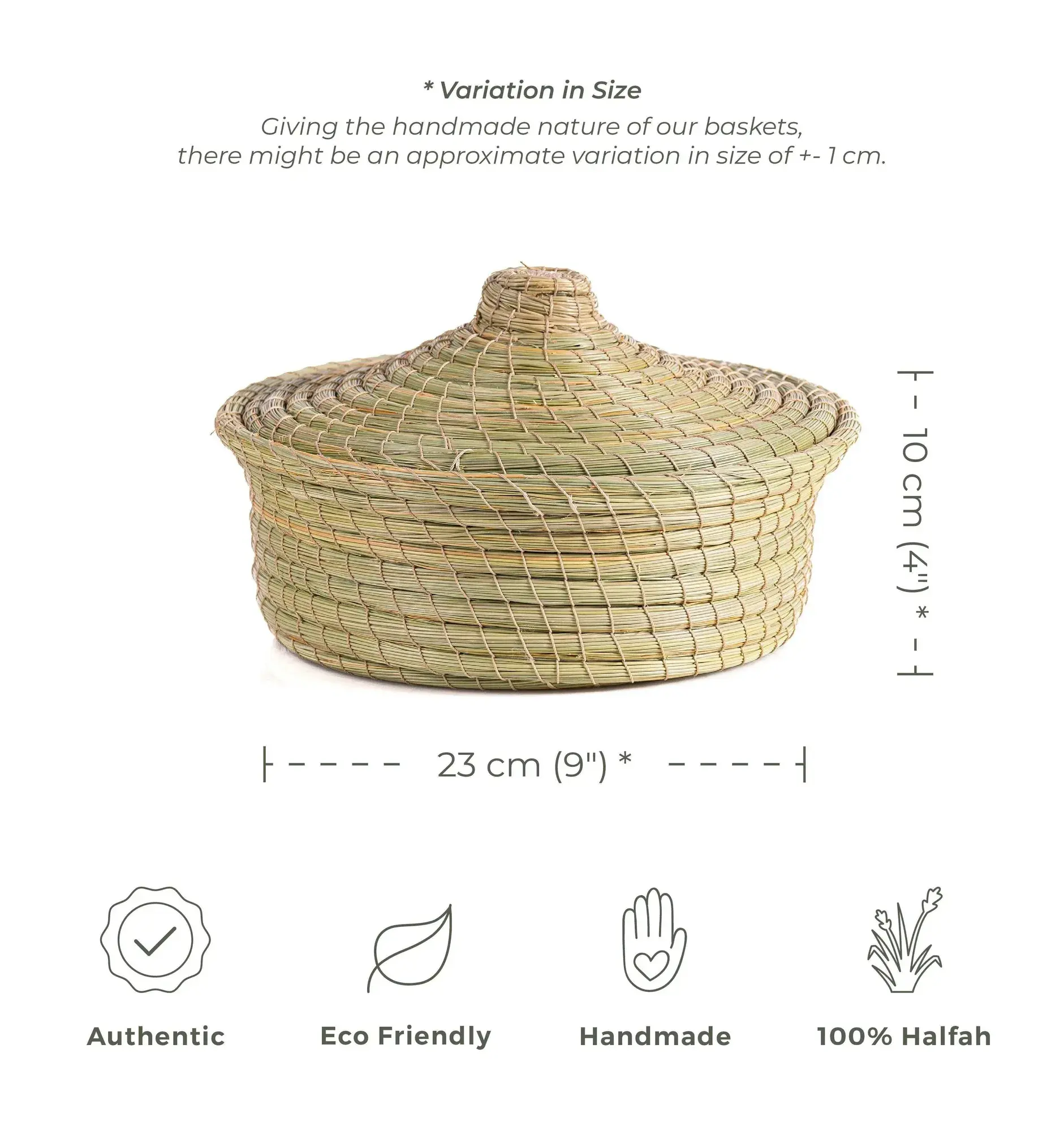 Round natural darido Halfa basket with lid, handcrafted, eco-friendly, 9.1 in (23 cm) diameter, 3.9 in (10 cm) tall.