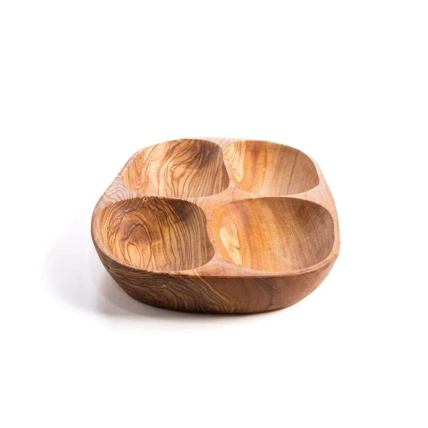 Handmade darido olive wood snack plate with four carved compartments, smooth finish. - Handmade Olive Wood Snack Plate – 4 Compartments | Elegant, Eco-Friendly & Unique
