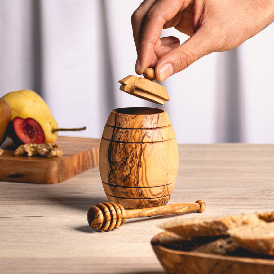 Pot à Miel en Bois d'Olivier avec Cuillère et Couvercle