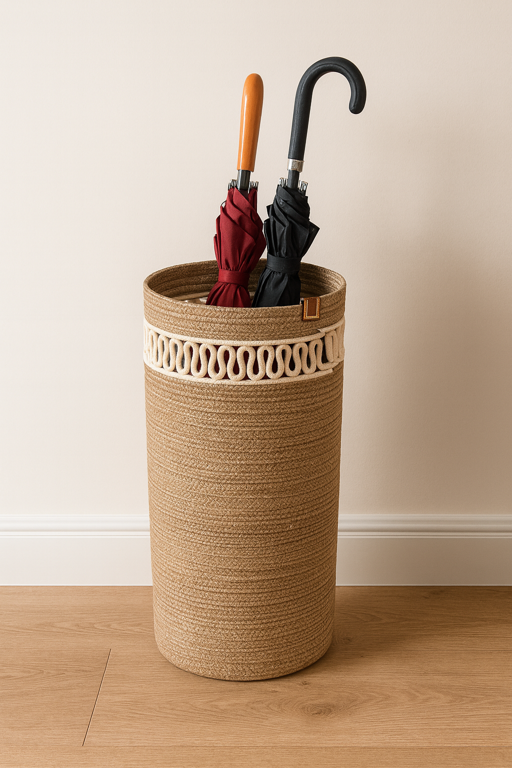 Handcrafted Braided Cotton Rope Umbrella Holder – product and lifestyle view 4