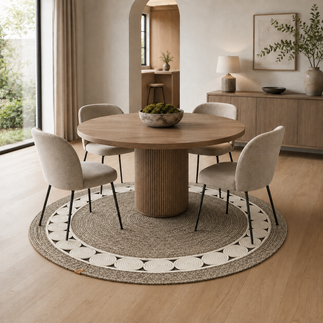 Handcrafted Round Braided Cotton Rug with Circle Pattern – product and lifestyle view 2