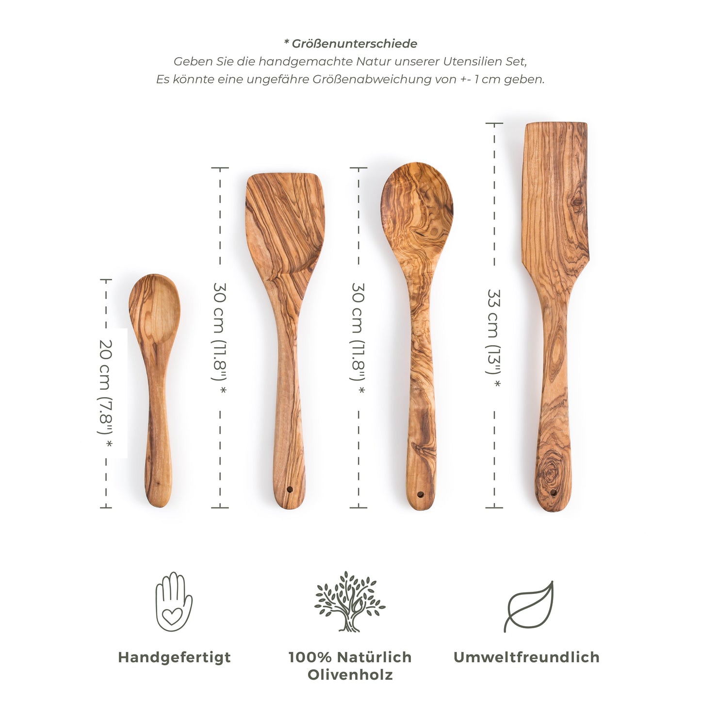 Set of 4 Olive Wood Kitchen Utensils - Spoon, Spatula, Long Spatula & Small Spoon