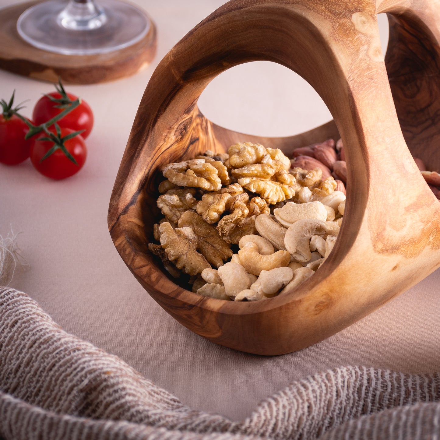 Rustic Olive Wood Decoration Basket With 3 Handles