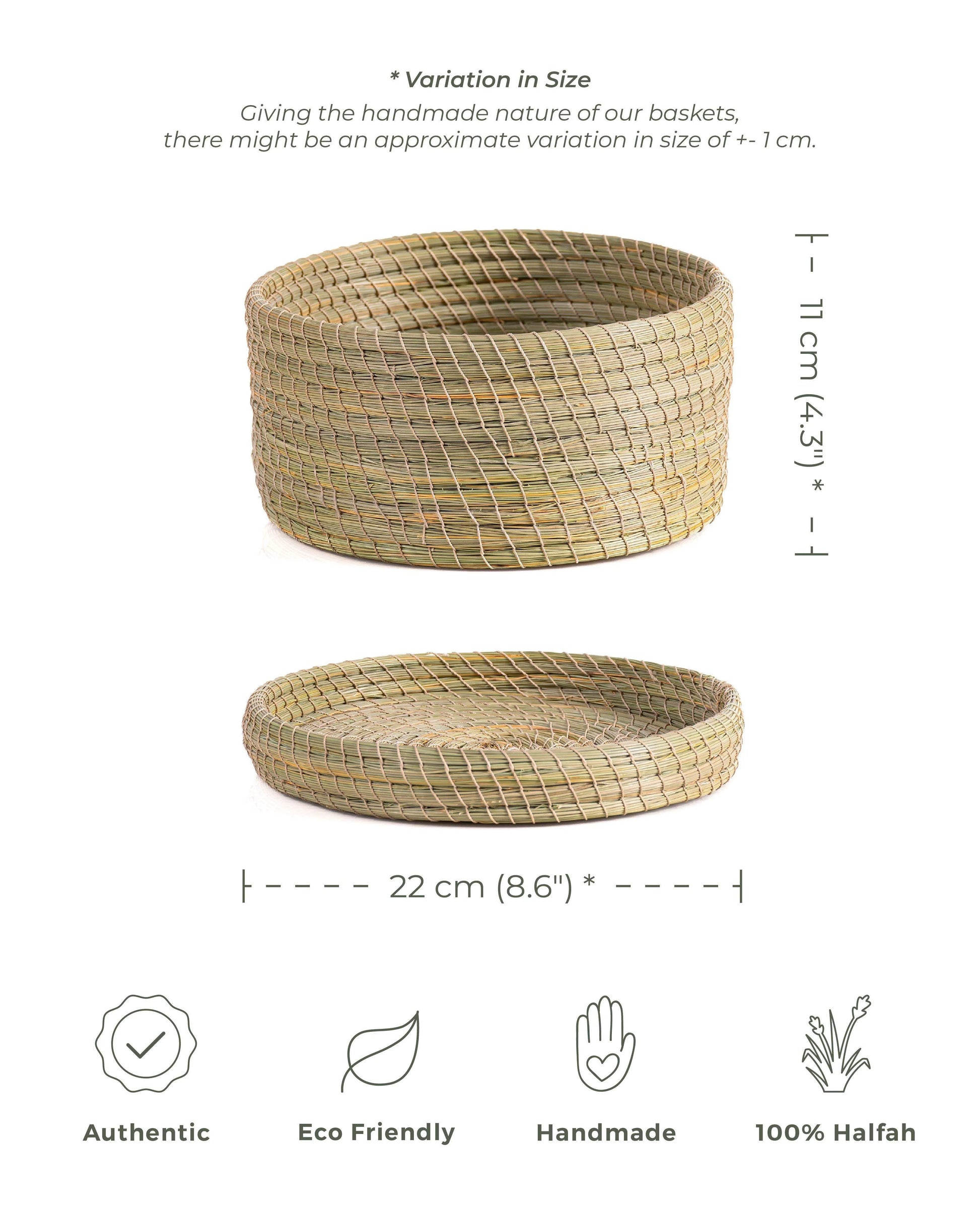 Round Darido halfa basket with natural woven texture, 22 cm wide, 13 cm high. - Round Halfa Basket