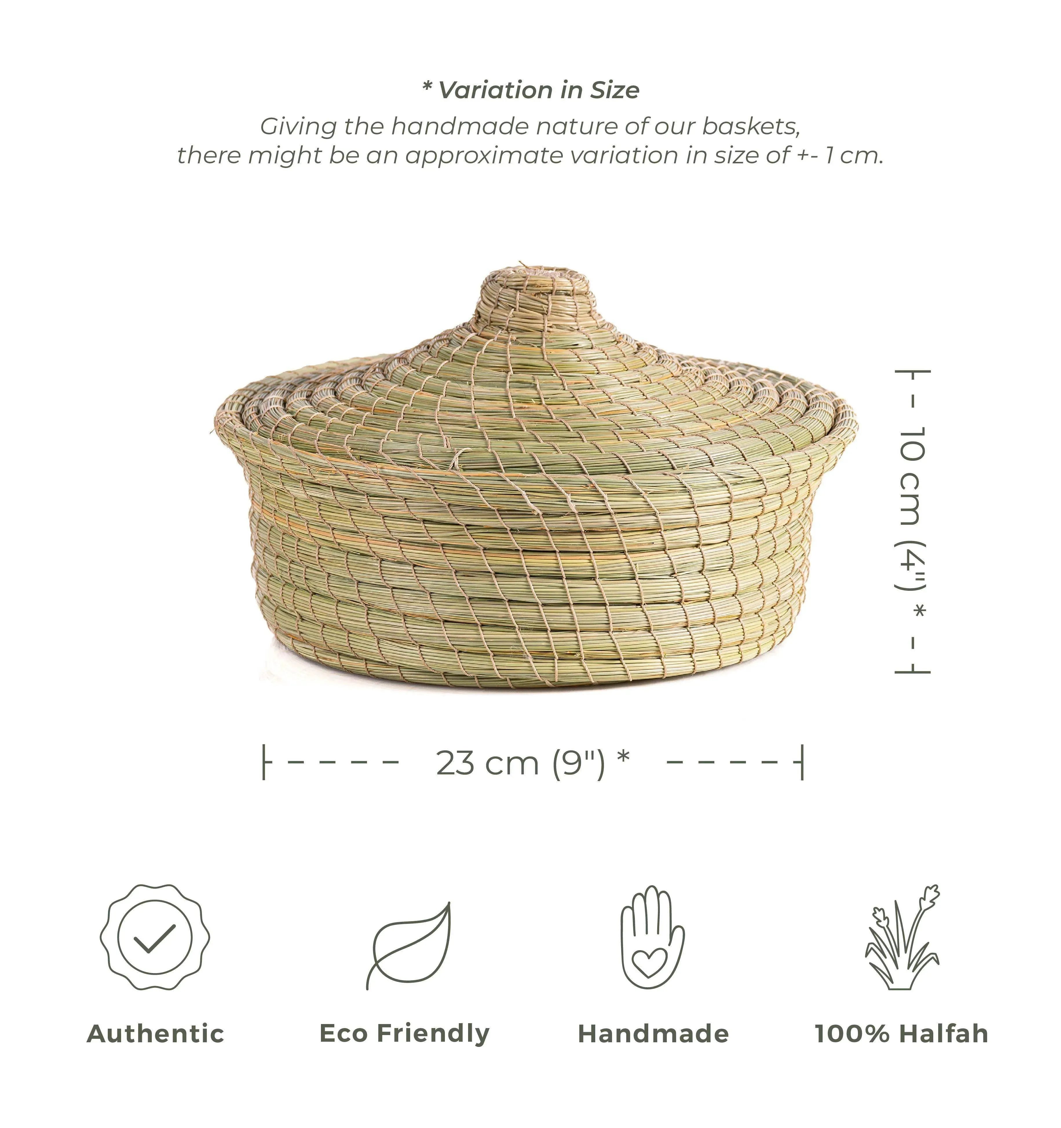 Round natural darido Halfa basket with lid, handcrafted, eco-friendly, 23 cm diameter, 10 cm tall. - Traditional Halfa Basket
