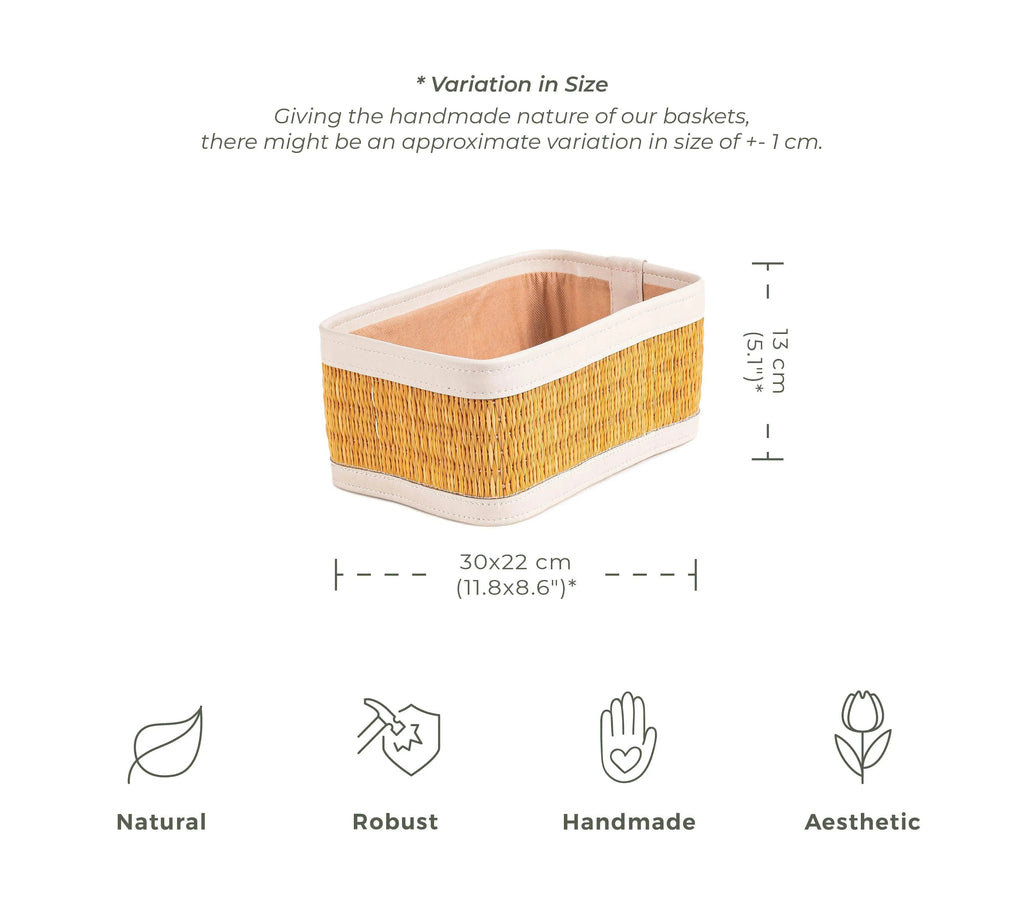 Rectangular darido basket with natural woven texture and white rim, 30x22 cm, handmade organizer box. - Large Organizer Box | 30x22 cm