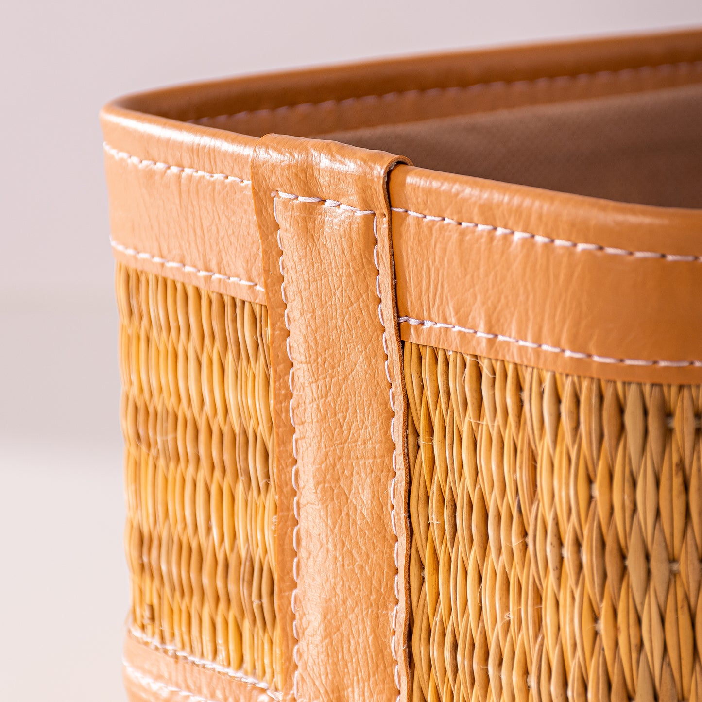 Set of 3 Handmade Natural Fiber Storage Boxes with Colored Leather Trim