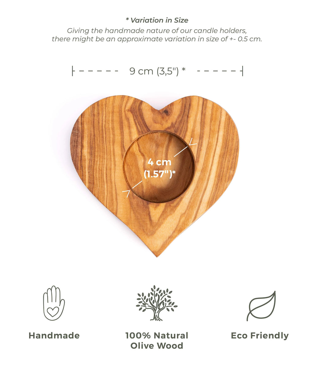 Heart-shaped olive wood tealight holder with natural wood grain, smooth finish, 10x10x2 cm. - Olive Wood Tealight Holder - Heart Shape - 10x10x2 cm