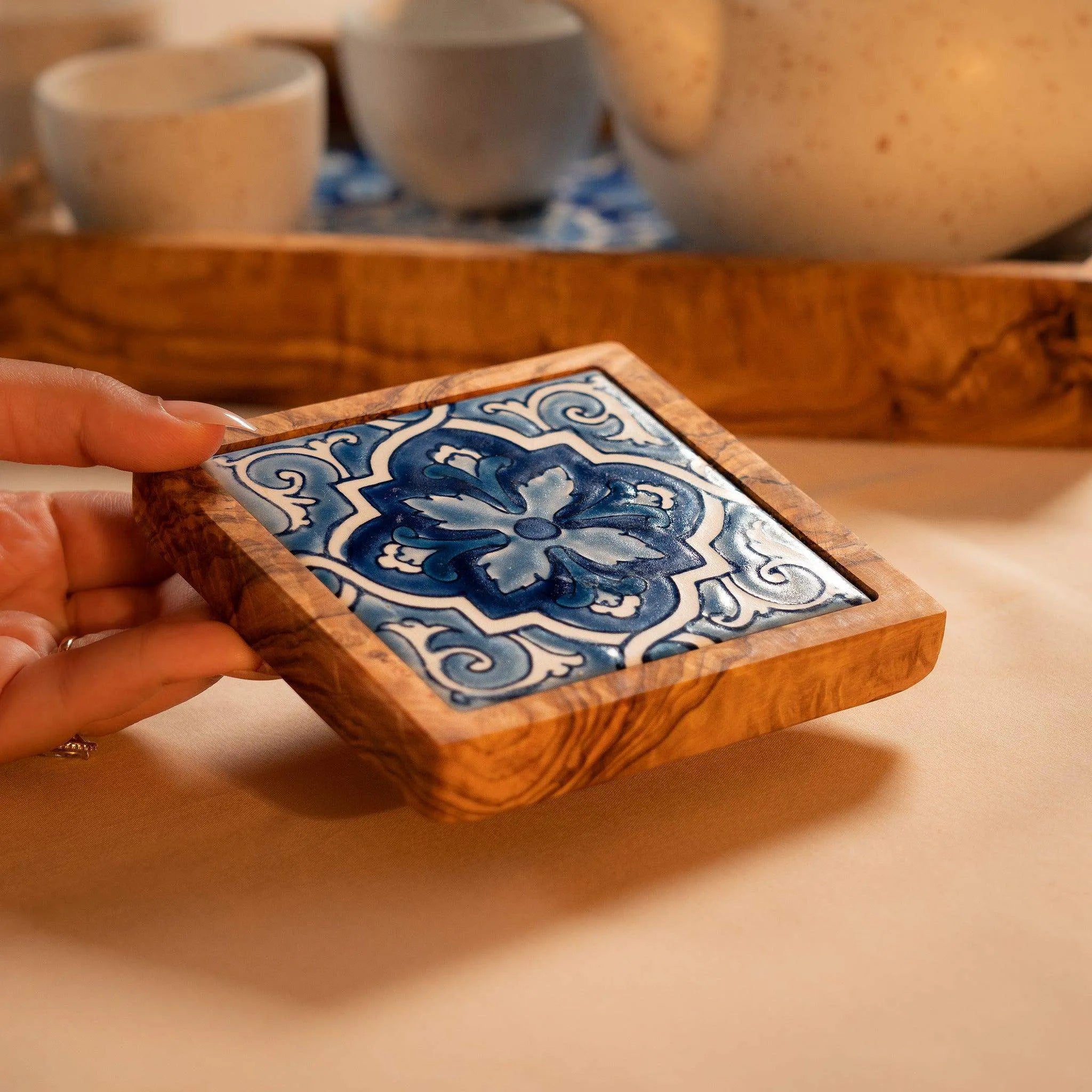 Set of Olive Wood & Ceramic Coasters – Handcrafted Mediterranean Design