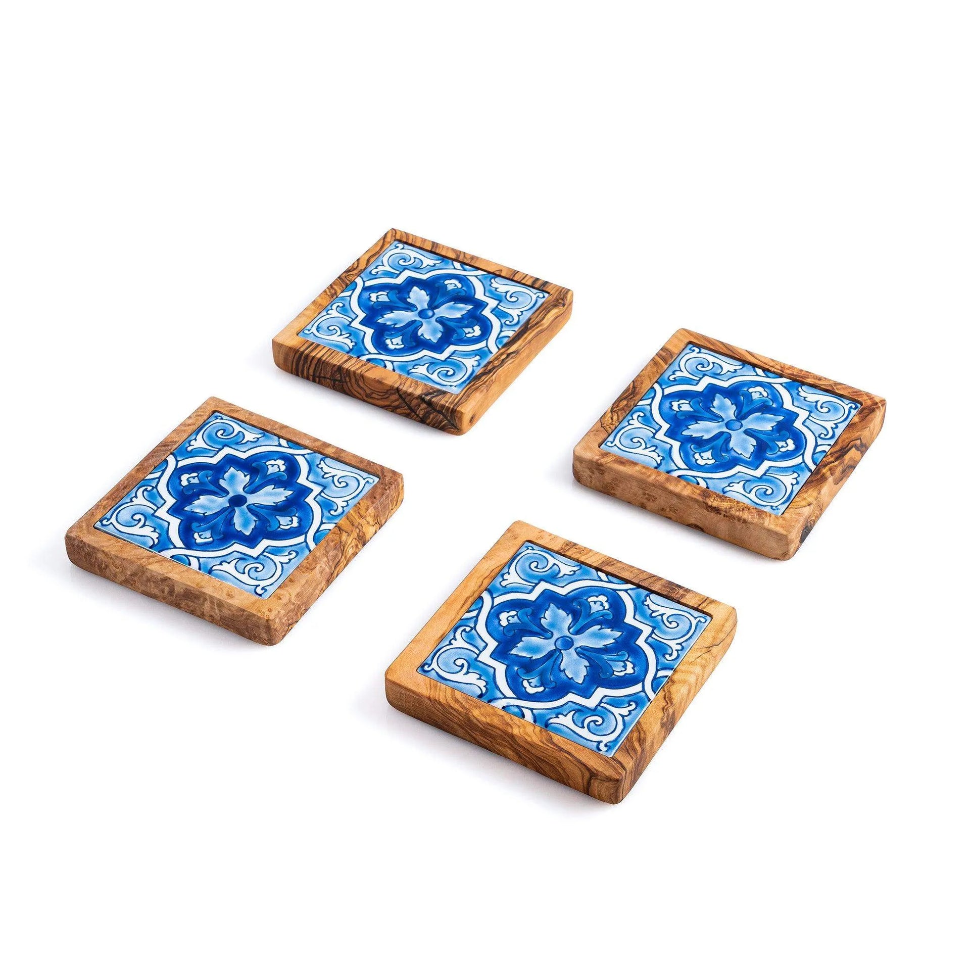 Blue & yellow / Set for 6 - Set of Olive Wood & Ceramic Coasters – Handcrafted Mediterranean Design