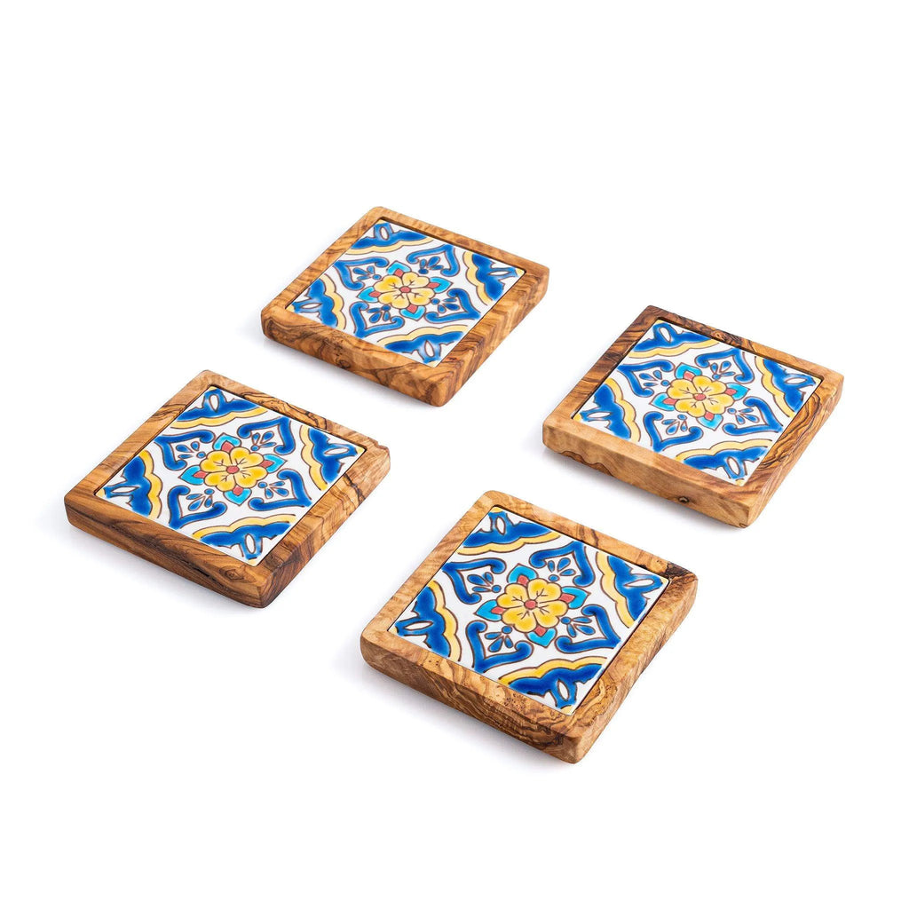 Set of Olive Wood & Ceramic Coasters – Handcrafted Mediterranean Design