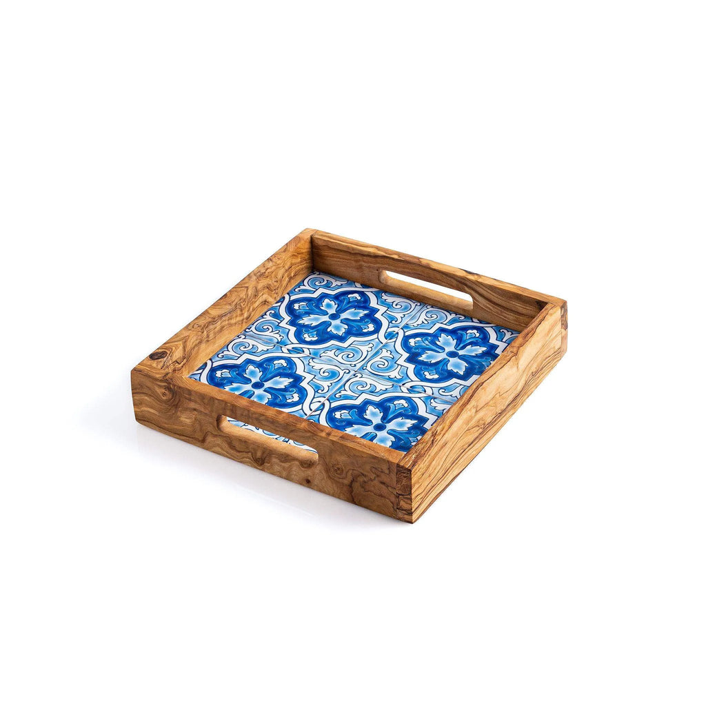 Olive Wood & Ceramic Tray – Handcrafted Serving Tray with Mediterranean Design