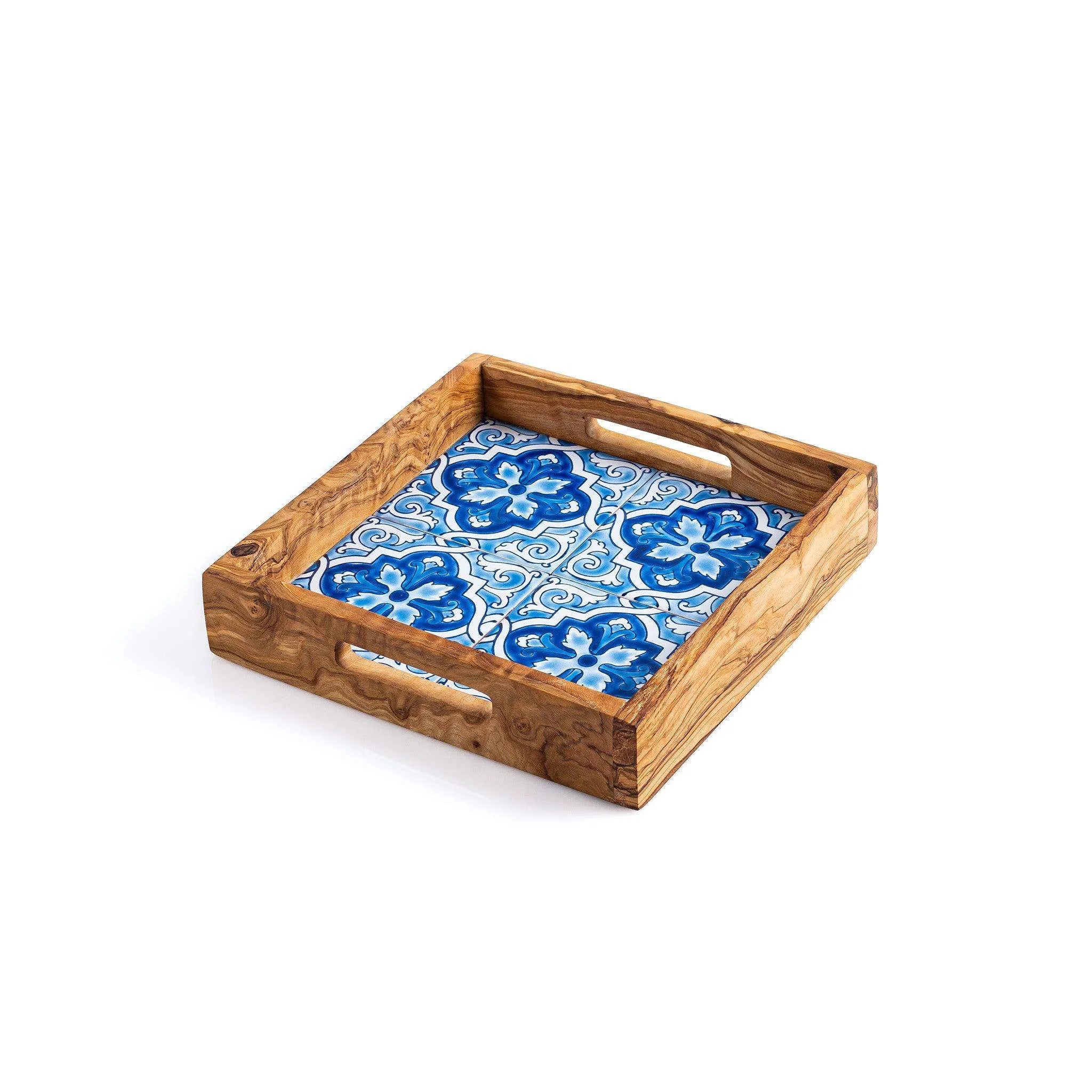 Olive Wood & Ceramic Tray – Handcrafted Serving Tray with Mediterranean Design