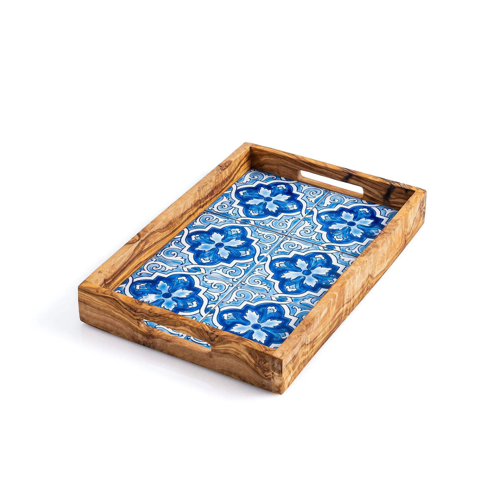Olive Wood & Ceramic Tray – Handcrafted Serving Tray with Mediterranean Design
