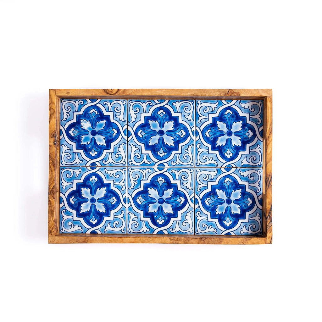 Olive Wood & Ceramic Tray with Matching Coasters – Handcrafted Mediterranean Set