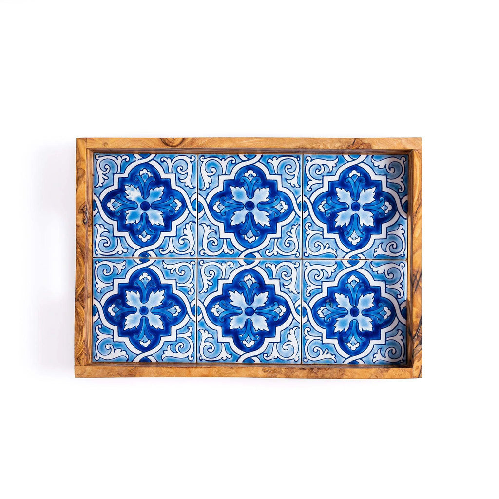 Olive Wood & Ceramic Tray – Handcrafted Serving Tray with Mediterranean Design