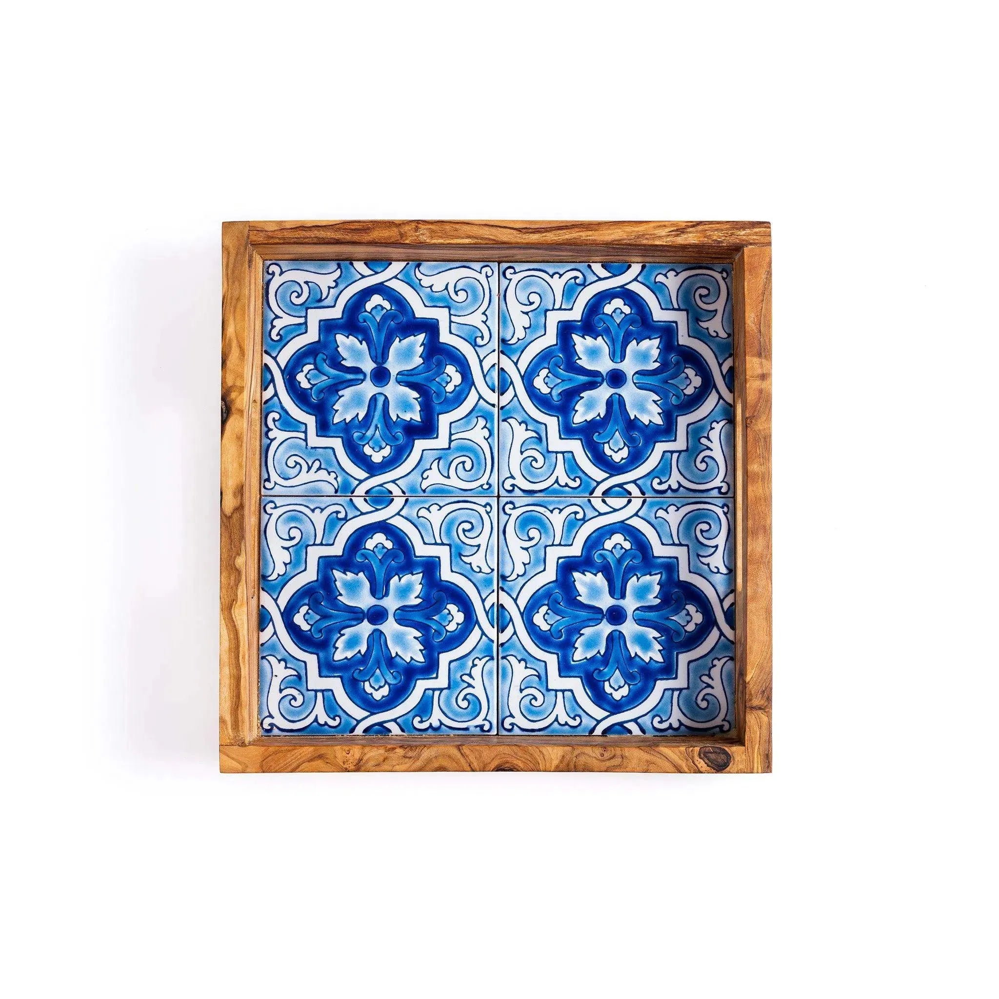 Olive Wood & Ceramic Tray with Matching Coasters – Handcrafted Mediterranean Set