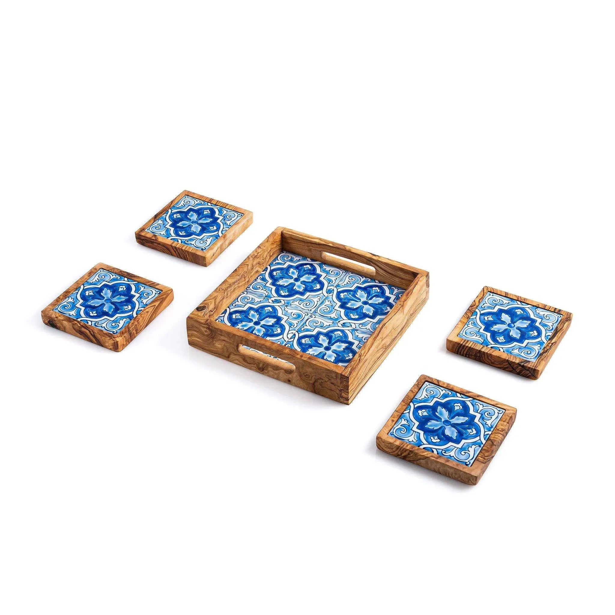 Olive Wood & Ceramic Tray with Matching Coasters – Handcrafted Mediterranean Set