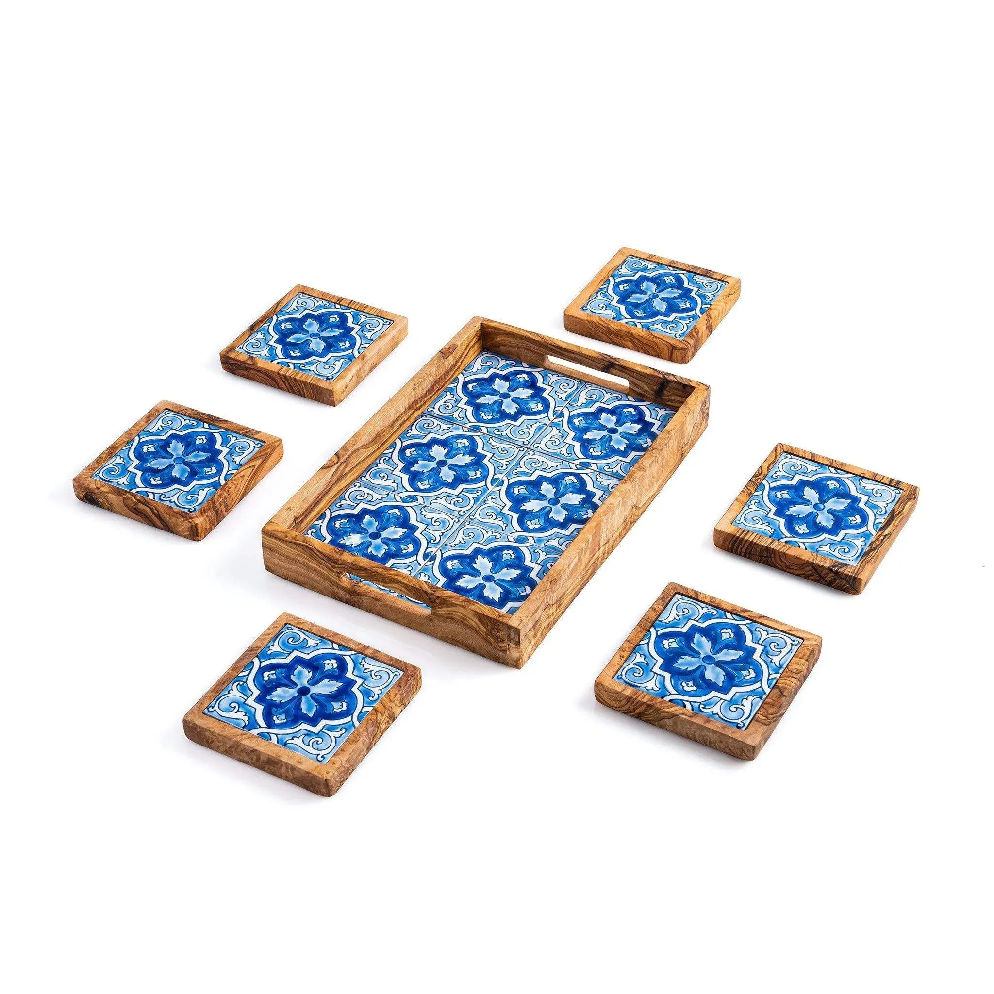 Olive Wood & Ceramic Tray with Matching Coasters – Handcrafted Mediterranean Set