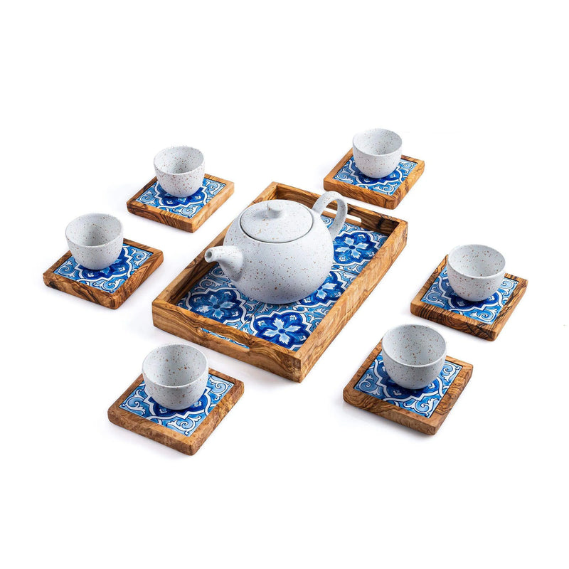 14-Piece Ceramic & Olive Wood Set