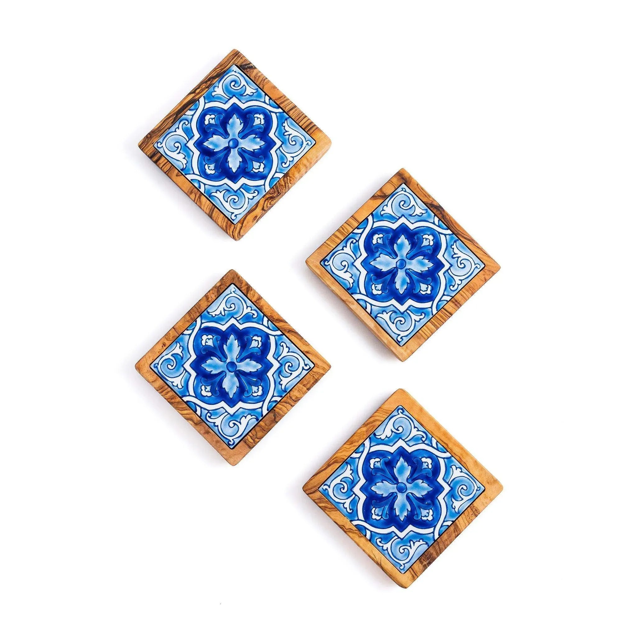 Olive Wood & Ceramic Tray with Matching Coasters – Handcrafted Mediterranean Set