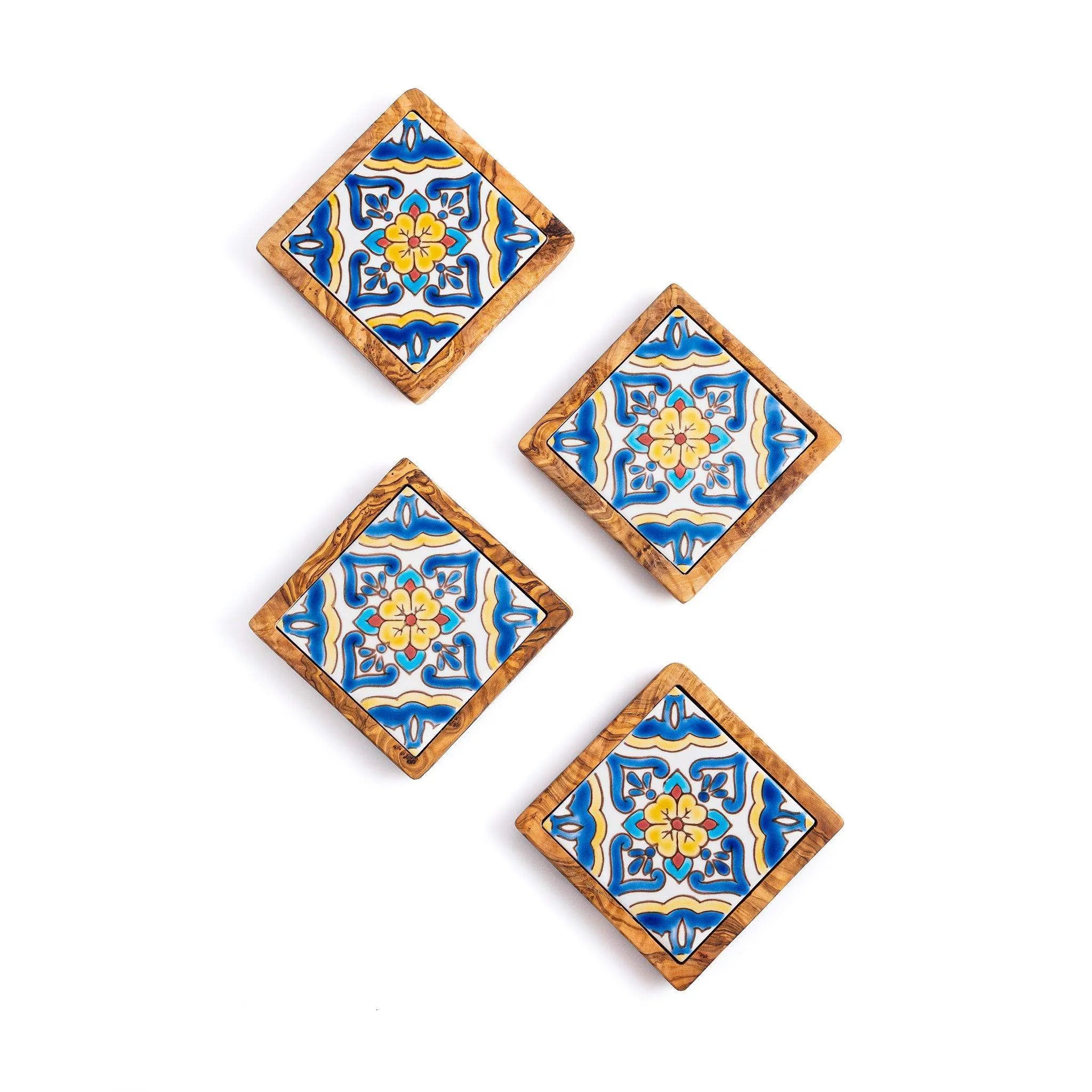 Set of Olive Wood & Ceramic Coasters – Handcrafted Mediterranean Design