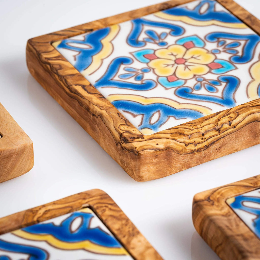 Set of Olive Wood & Ceramic Coasters – Handcrafted Mediterranean Design