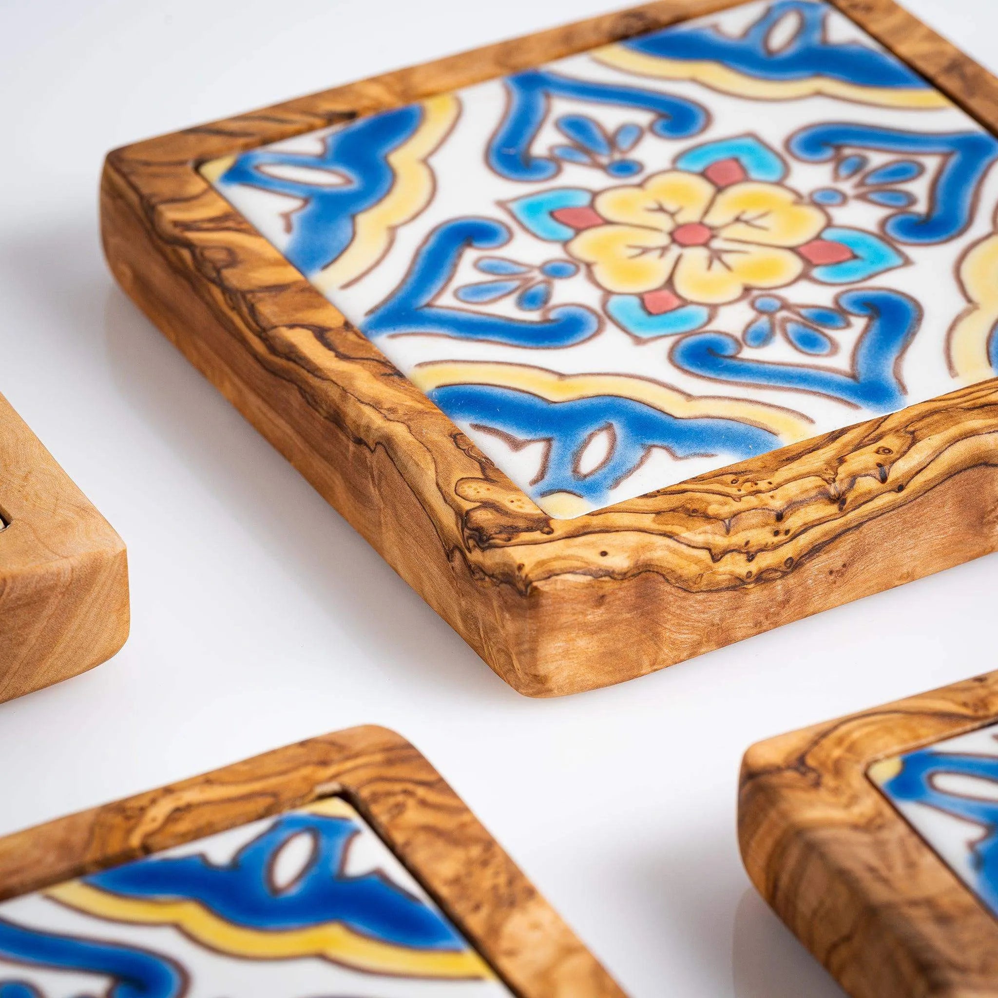 Set of Olive Wood & Ceramic Coasters – Handcrafted Mediterranean Design