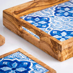 Olive Wood & Ceramic Tray with Matching Coasters – Handcrafted Mediterranean Set