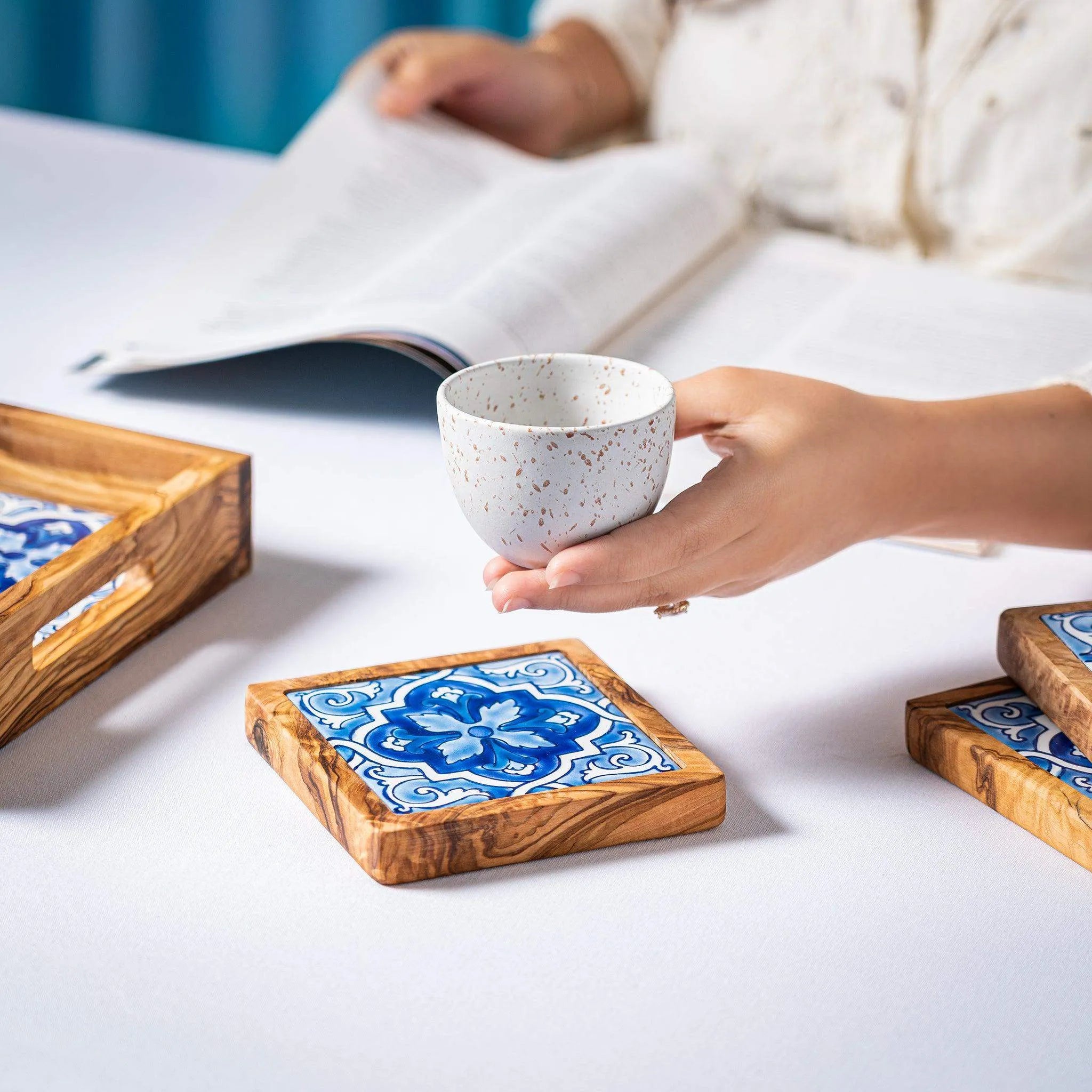 Set of Olive Wood & Ceramic Coasters – Handcrafted Mediterranean Design