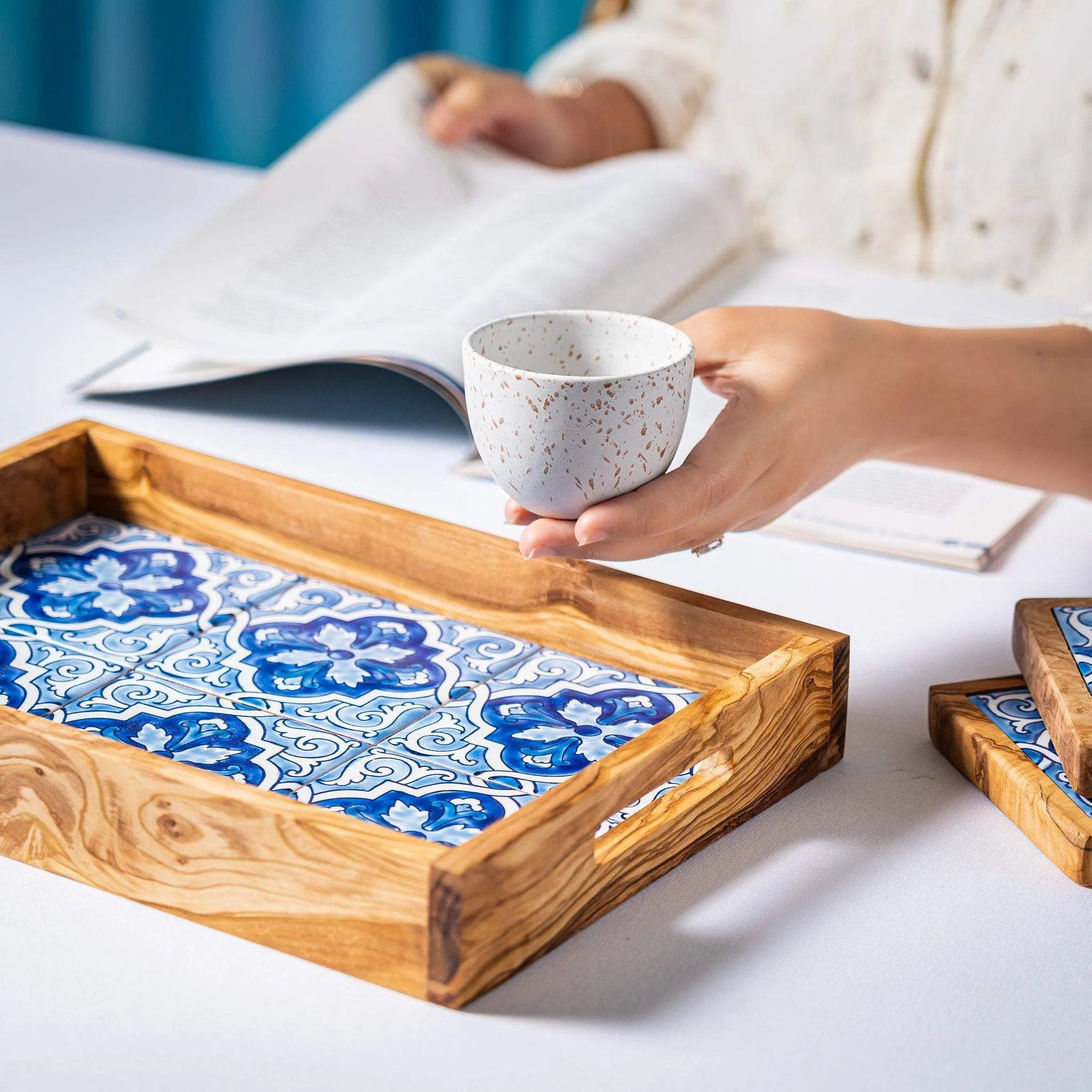 Olive Wood & Ceramic Tray – Handcrafted Serving Tray with Mediterranean Design