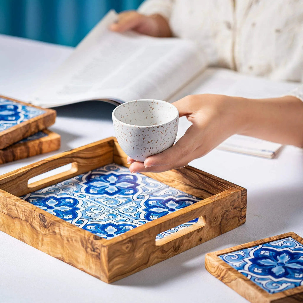 Olive Wood & Ceramic Tray with Matching Coasters – Handcrafted Mediterranean Set