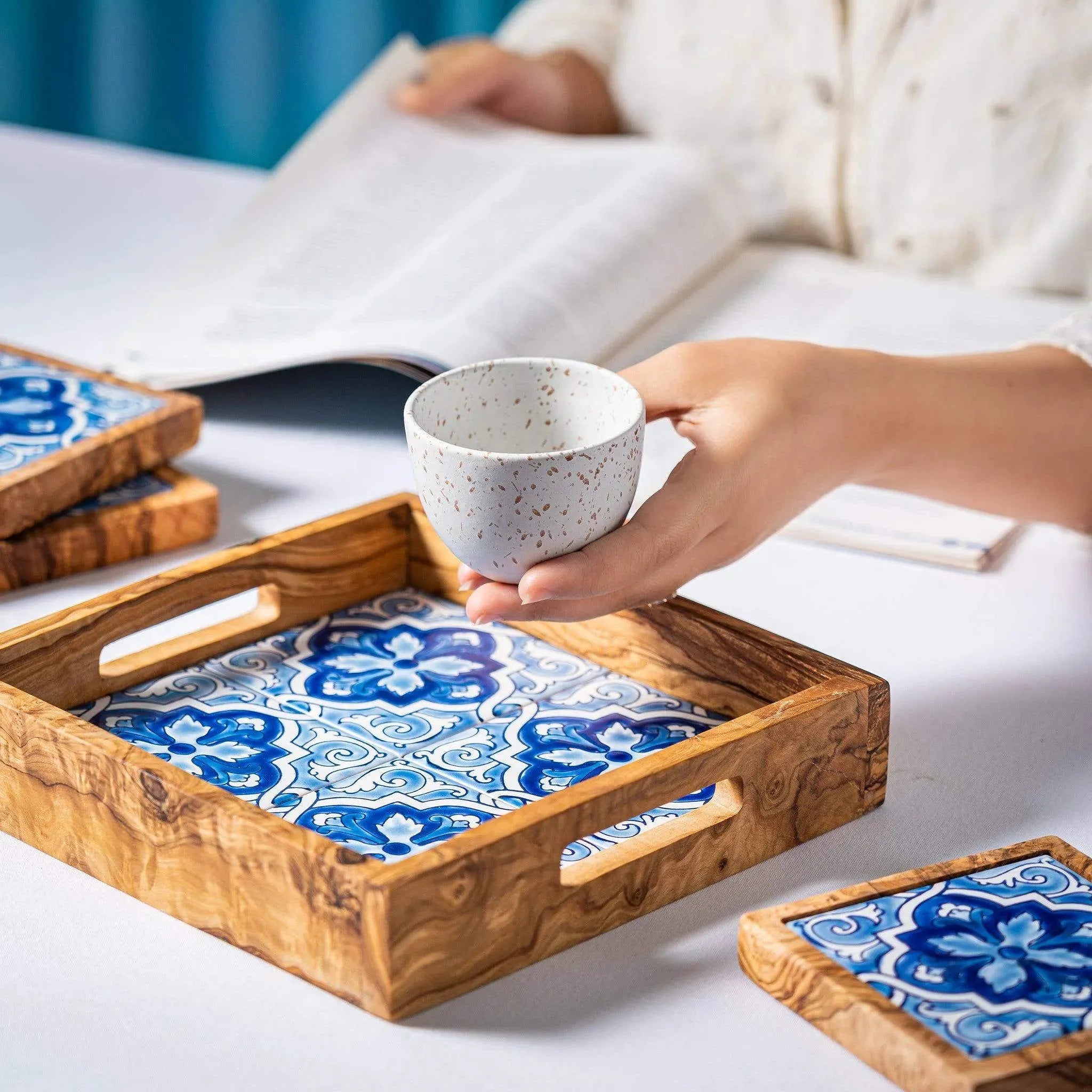 Olive Wood & Ceramic Tray with Matching Coasters – Handcrafted Mediterranean Set